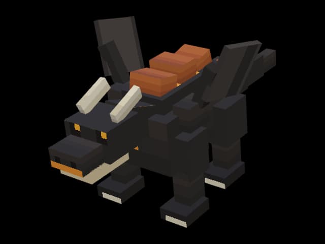 A charcoal blocky drake with copper plates, ivory horns and folded wings.