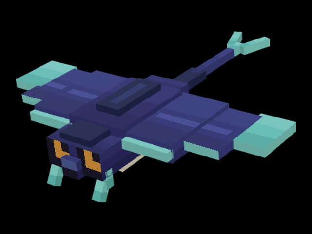 An indigo blocky ray with turquoise fin tips, a golden chest and a ribbon tail.