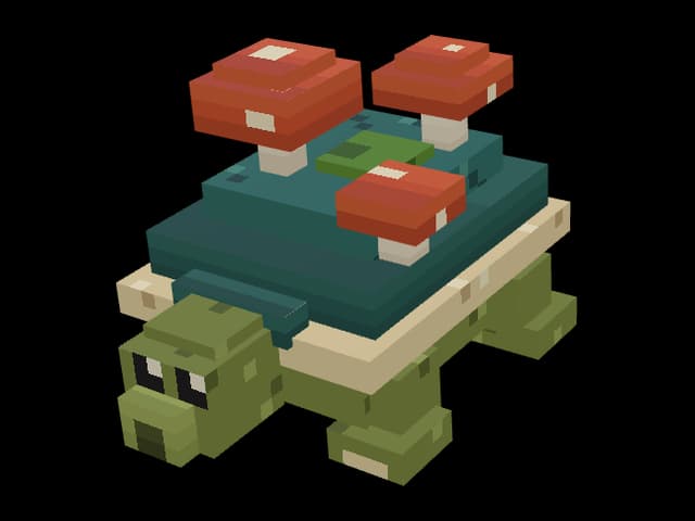 An olive blocky tortoise with a teal shell, cream rim and three red mushrooms.